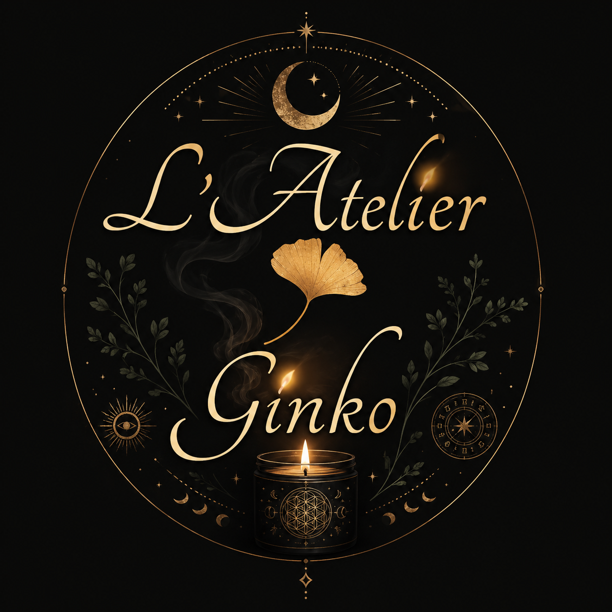 logo l'atelier ginko boutique de bougies esoteriques, lithotherapie, astrologique et 7 chakras.