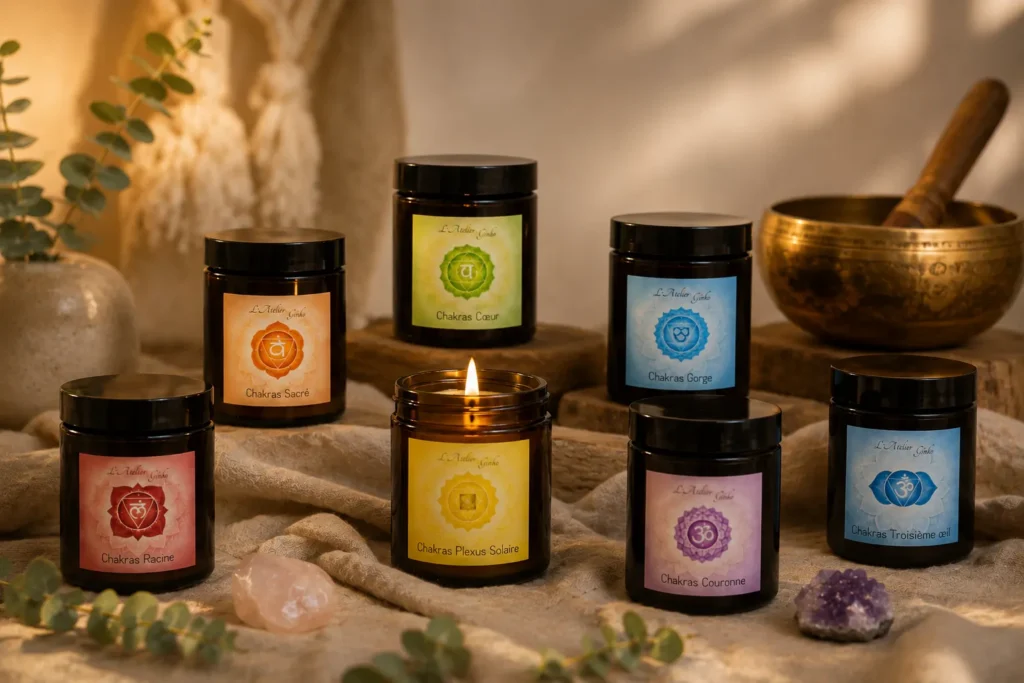 Bougie 7 chakras artisanale en cire végétale pour harmoniser les centres énergétiques