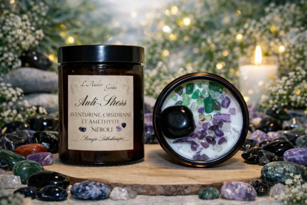 bougie lithothérapie anti stress new_resultat Bougie parfumu00e9e lithothu00e9rapie Anti-Stress allumu00e9e, cire de soja artisanale L'Atelier Ginko