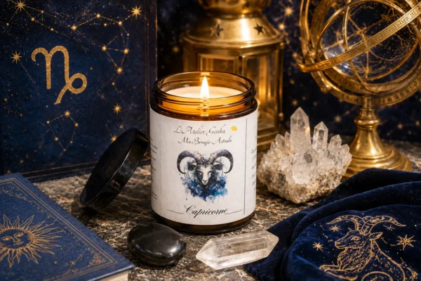 Bougie parfumée astrologique Capricorne allumée, cire de soja artisanale L'Atelier Ginko