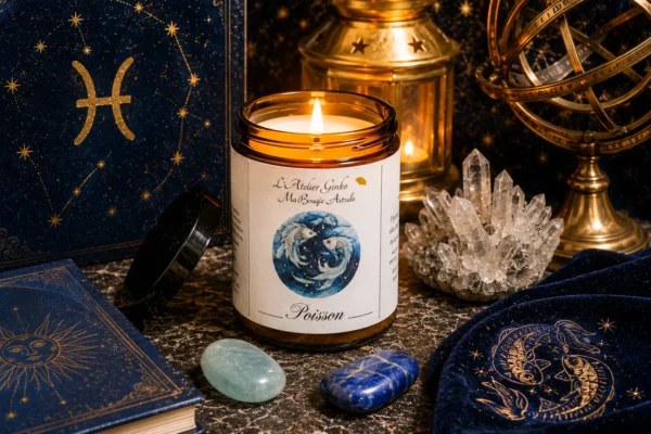 Bougie parfumée astrologique Poissons allumée, cire de soja artisanale L'Atelier Ginko