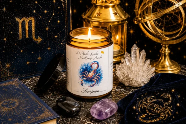 Bougie astrologique Scorpion artisanale Bougie parfumée astrologique Scorpion allumée, cire de soja artisanale L'Atelier Ginko