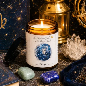 Bougie parfumée astrologique Vierge allumée, cire de soja artisanale L'Atelier Ginko